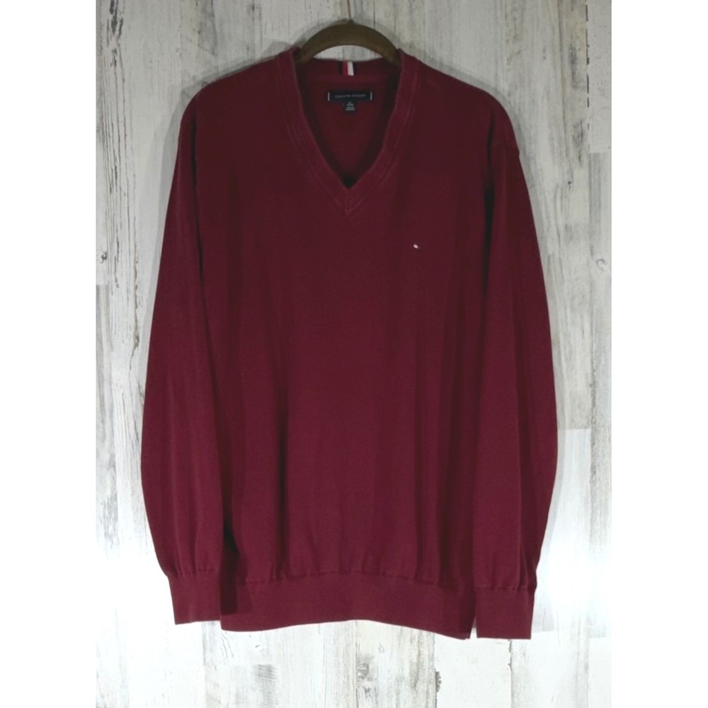 Tommy Hilfiger V-Neck Sweater XL Maroon Deep Red 100% Cotton Preppy Grandpa